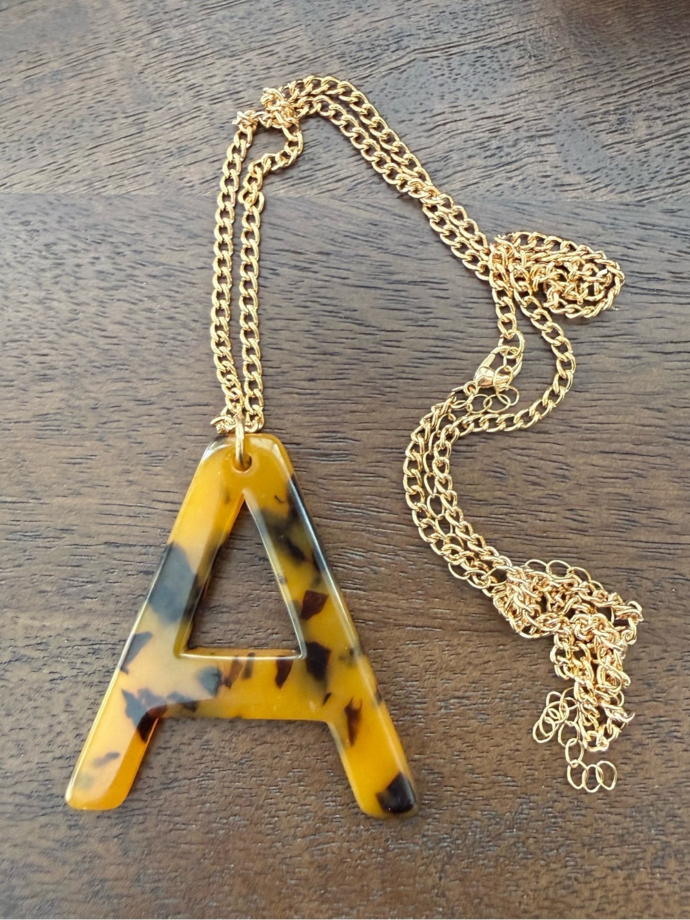 Tortoiseshell Acrylic Letter A Pendant Gold Plated Stainless Steel Chain - Picture 2 of 8